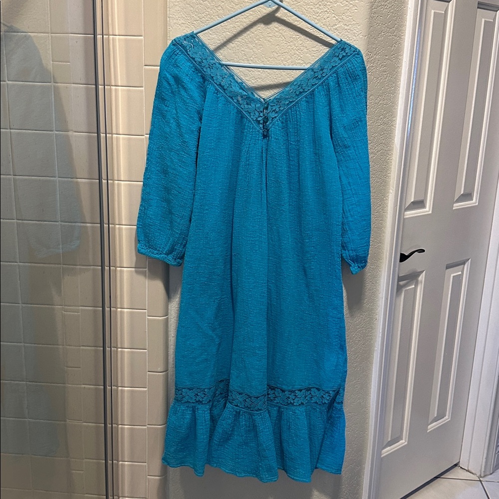 Vintage 70s SEARS Blue V Neck Lace Balloon Sleeve Gauze Boho Tiered Maxi Dress